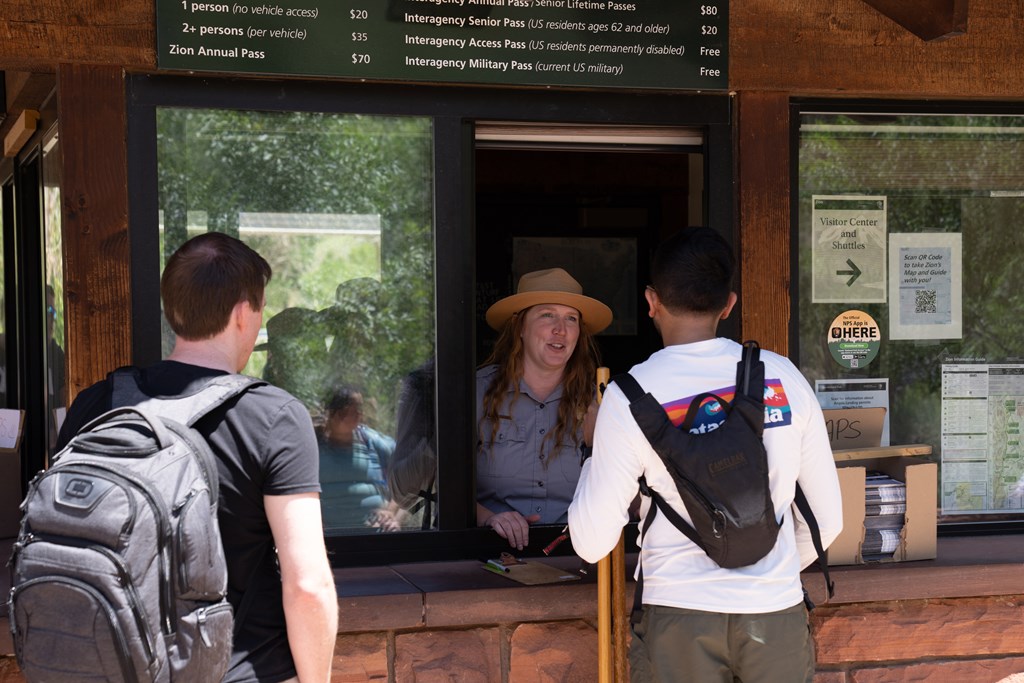 National Park Service rangers manage entrance stations in Zion National Park.