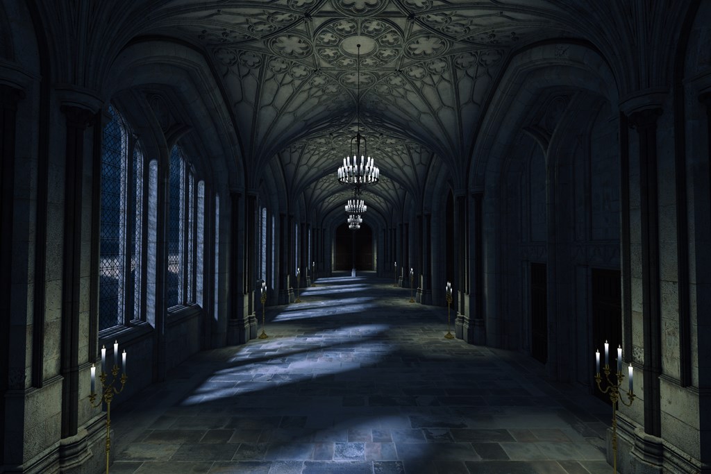 Dark palace hallway with lit candles and moonlight shining through windows sets the scene for Magic Castle, a kids spooky story