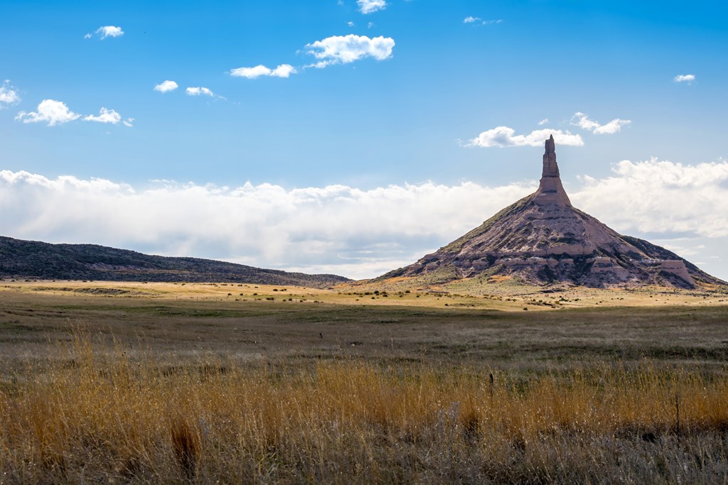 View of Chimney Rock in Nebraska. A prominent natural and geological rock formation in Morrill Country.