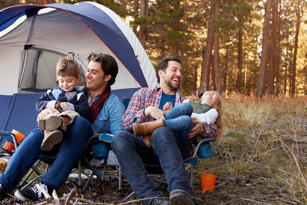 A male couple camps in the woods with their two toddlers.