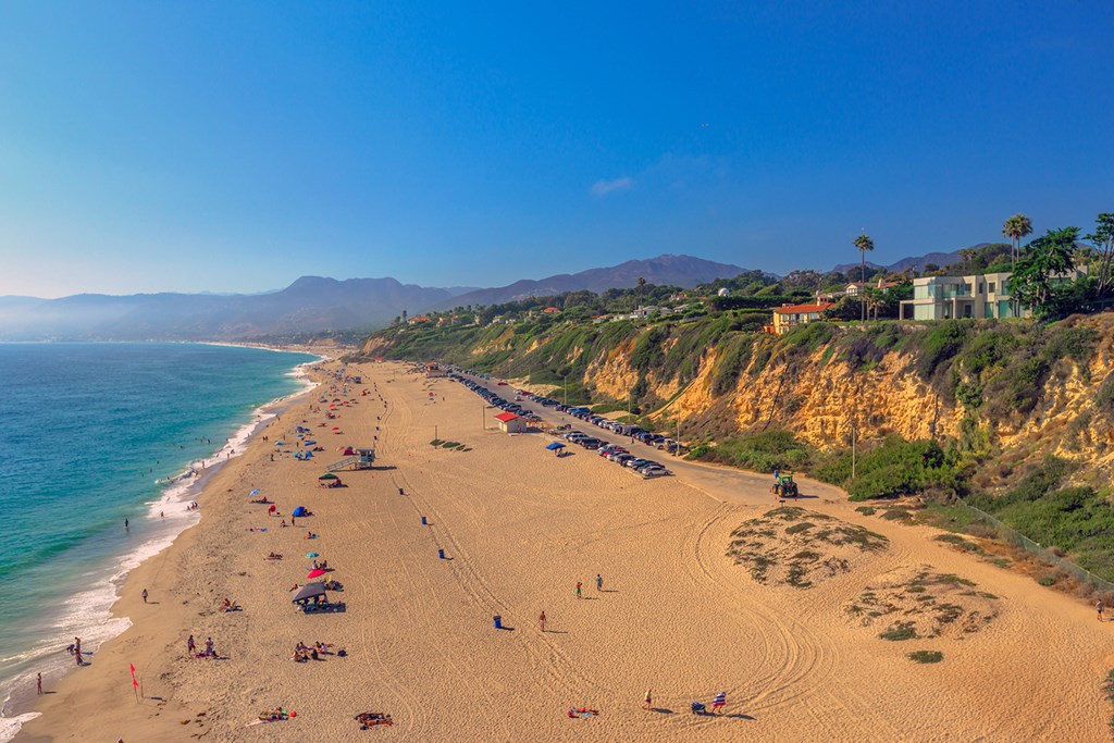 Aerial view of Pacific coast at Point Dume Beach from Point Dume promontory on Malibu.