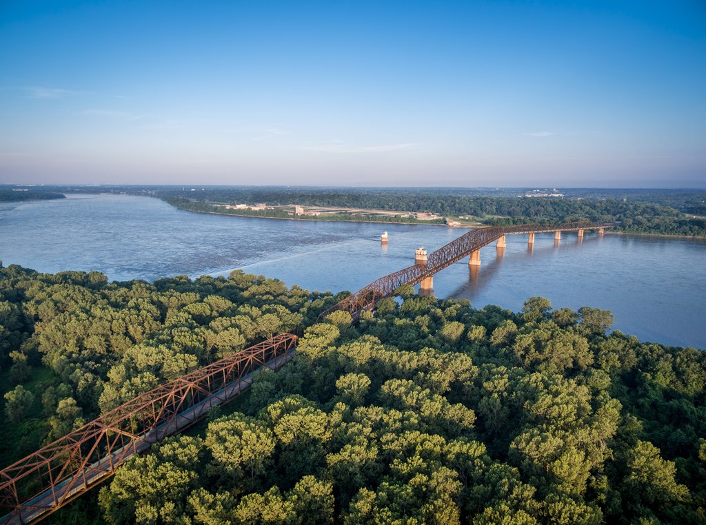 The old Chain of Rocks Bridge over Mississippi River near St Louis - aerial view from Illinois shore.