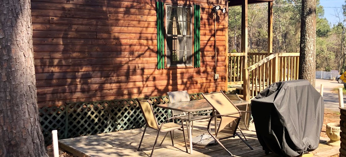 Deluxe cabin – park model with picnic table (in warmer months has umbrella) and gas grill.
