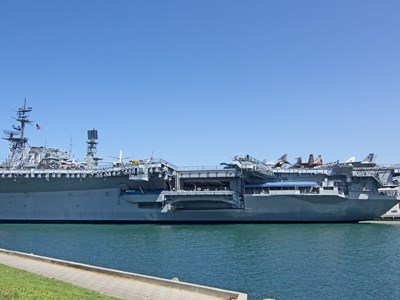The USS Midway aircraft carrier while it is docked to the San Diego Bay.