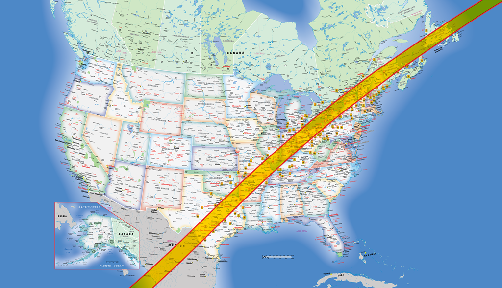 Map of the U.S. and Canada showing KOA campgrounds in the path of the eclipse.