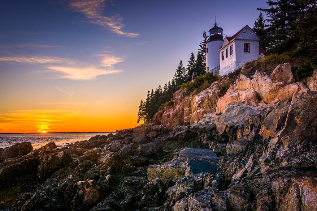 Bass Harbor Lighthouse at sunset, in Acadia National Park, Maine