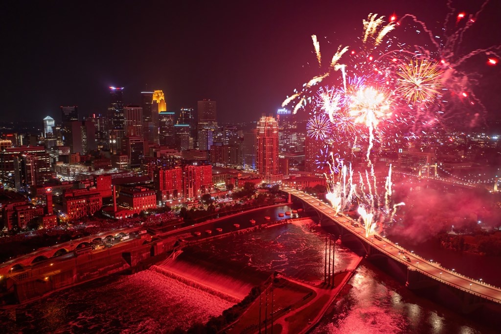 Aerial View of Fireworks over the Mississippi River in Downtown Minneapolis, Minnesota