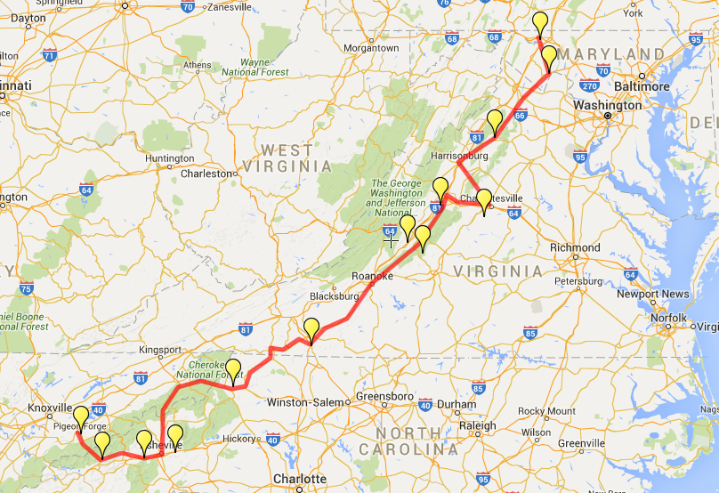 Map of KOAs in the Great Smoky Mountains