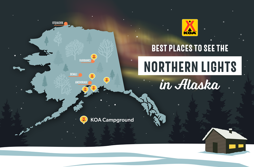Graphic showing where you can see the northern lights in Alaska.