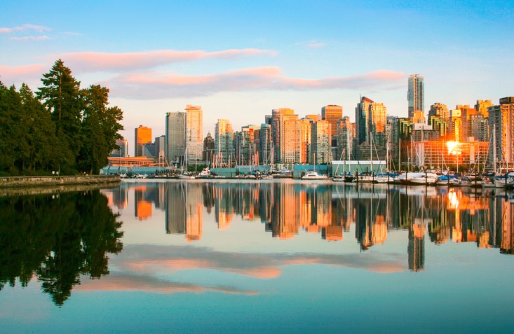 Vancouver skyline with Stanley Park at sunset, BC, Canada