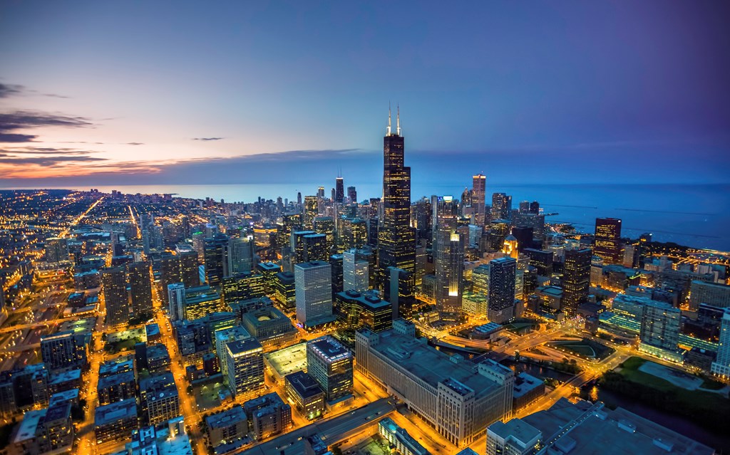 Chicago skyline aerial view at dusk