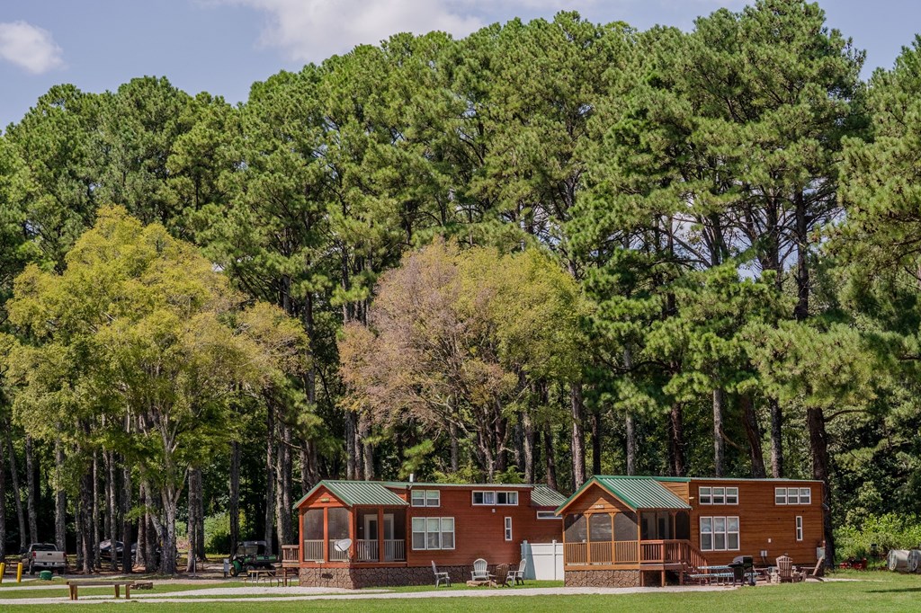 Two Deluxe cabins set back among green grass and tall green trees at Decatur/Wheeler Lake KOA