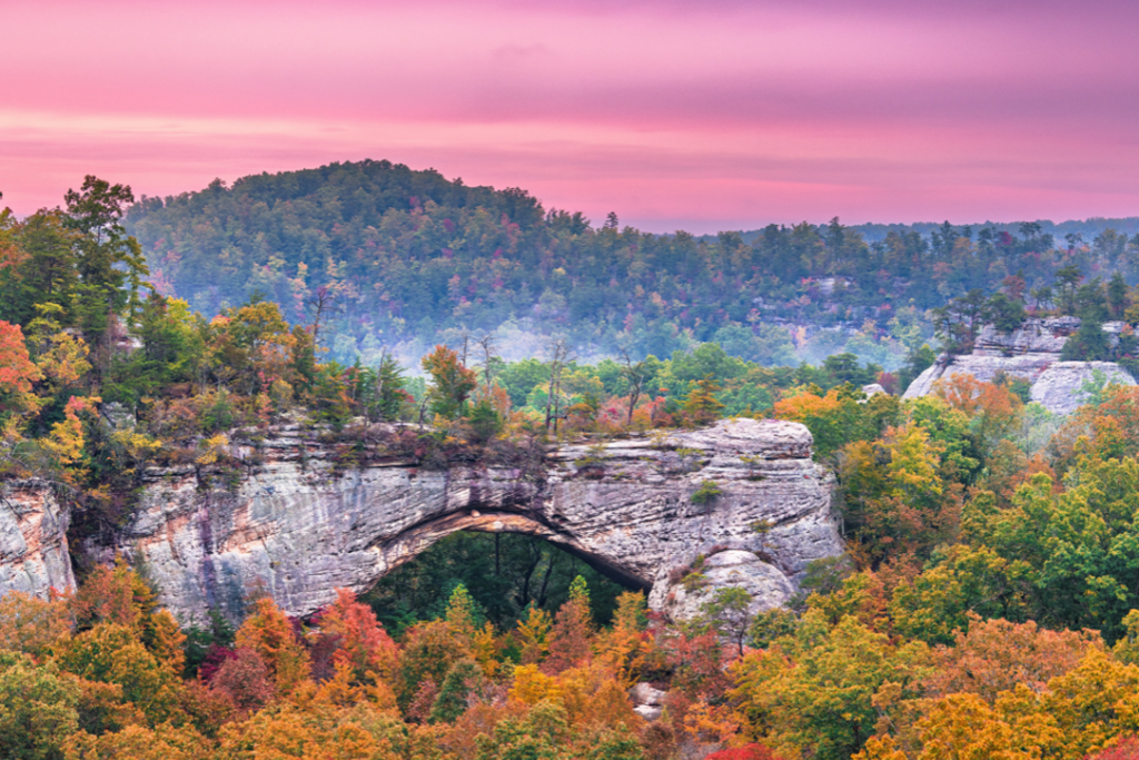 Daniel Boone National Forest, Kenucky, USA at the Natural Arch at dusk in autumn.