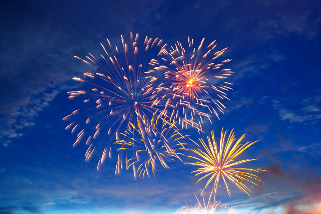 Fireworks in sky twilight. Fireworks display on dark sky background. Independence Day, 4th of July, Fourth of July or New Year.