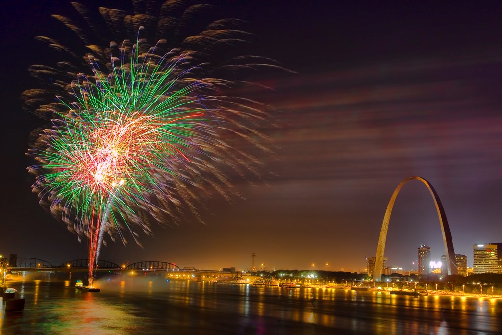 Fourth of July fireworks as seen from the Eads bridge. Gateway Arch with Mississippi River in foreground.