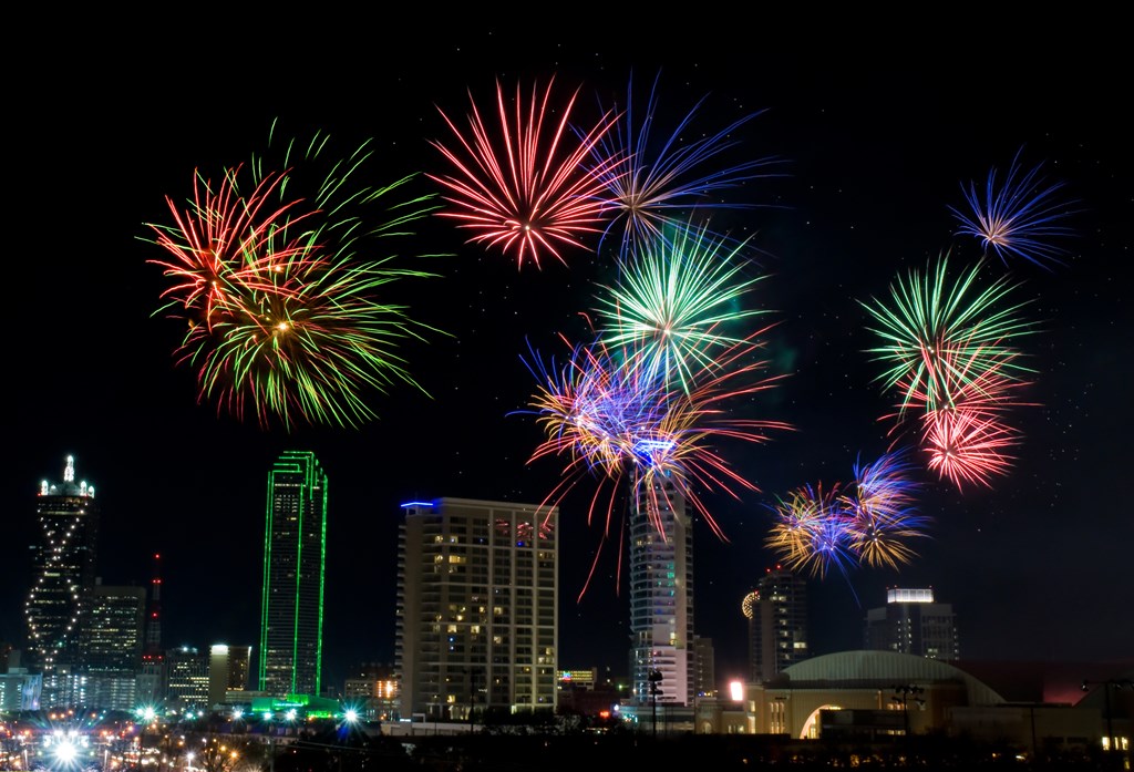 Fireworks over Dallas downtown at night