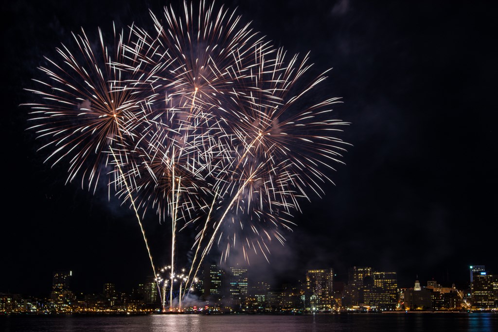 Fireworks over Halifax Harbor at night in Halifax, Nova Scotia