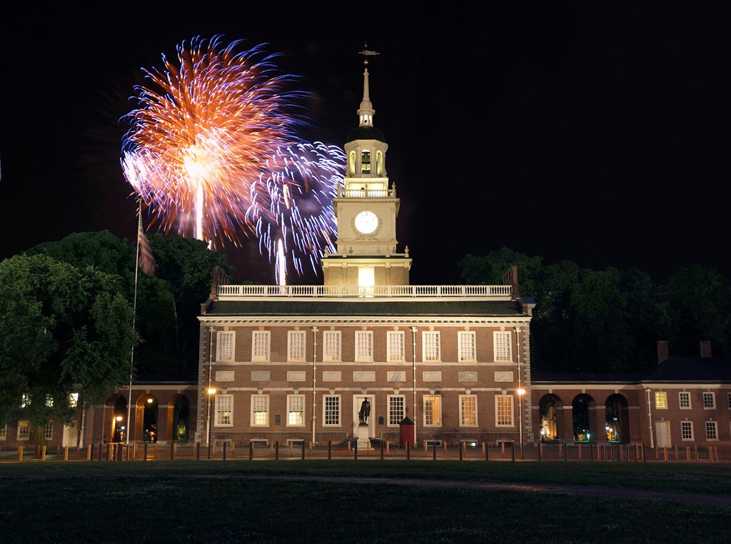 Nighttime view of fireworks over Independence Hall, Philadelphia, Pennsylvania