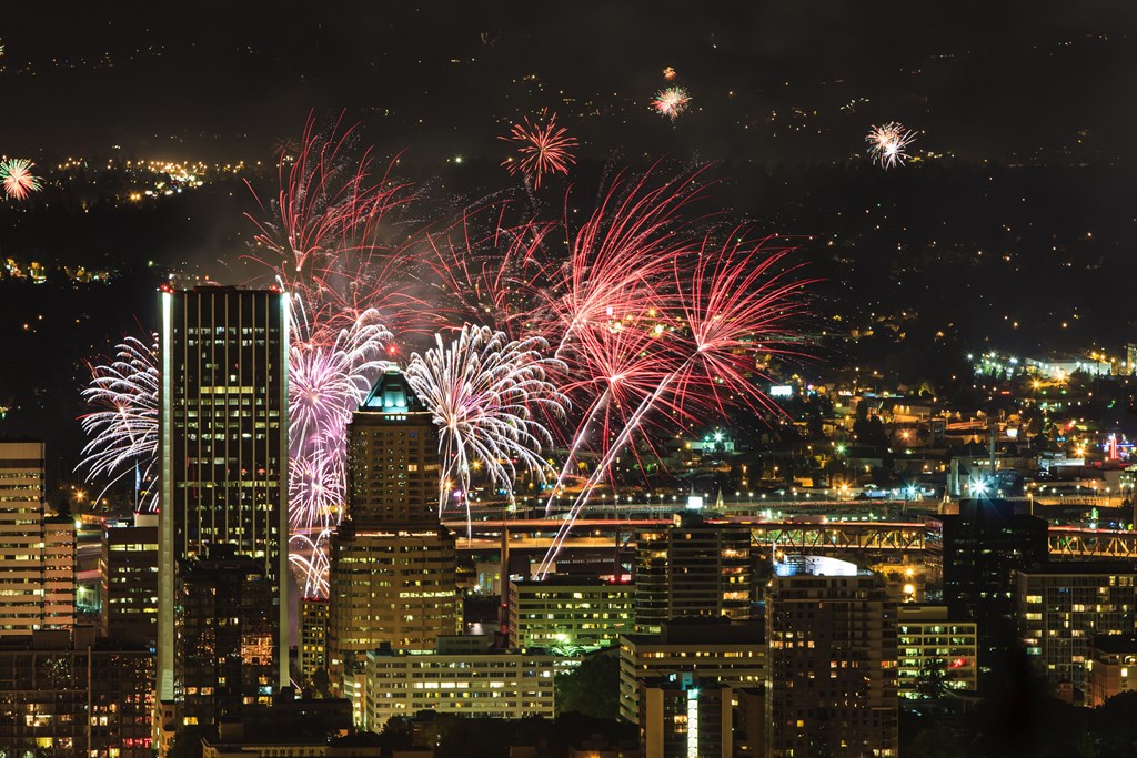 View of Portland Oregon, USA from Pittock Mansion during a Fireworks Show.
