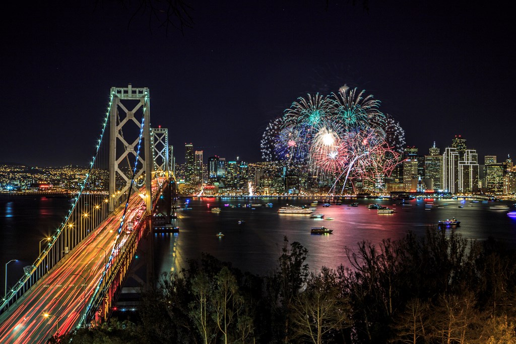 Fireworks-over-San-Francisco with Golden Gate Bridge in foreground