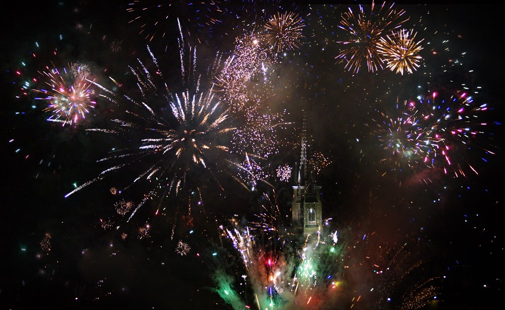 Big fireworks and church background in Quebec City. Quebec