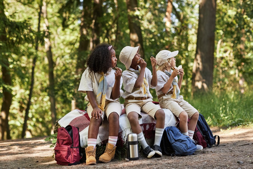 Diverse group of scouts enjoying lunch break in forest