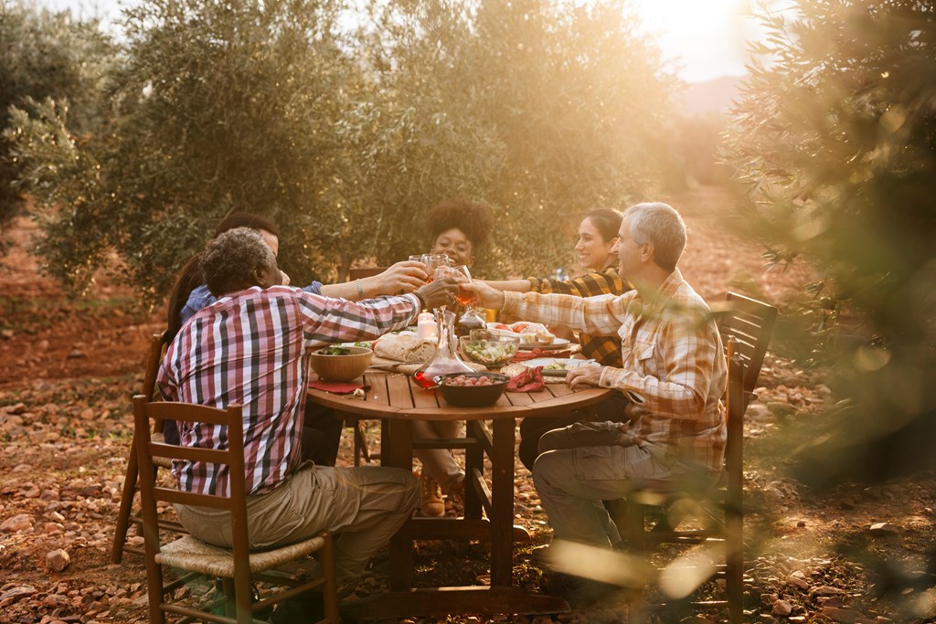 Multi ethnic group of farmers enjoying a meal and toasting with wine in an olive grove at sunset, celebrating the harvest