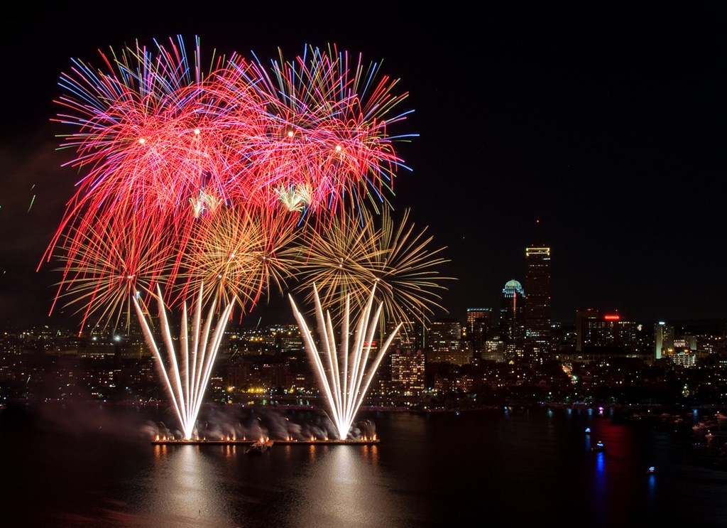 Nighttime view of 4th of July Fireworks over the Boston Harbor, Boston, MA