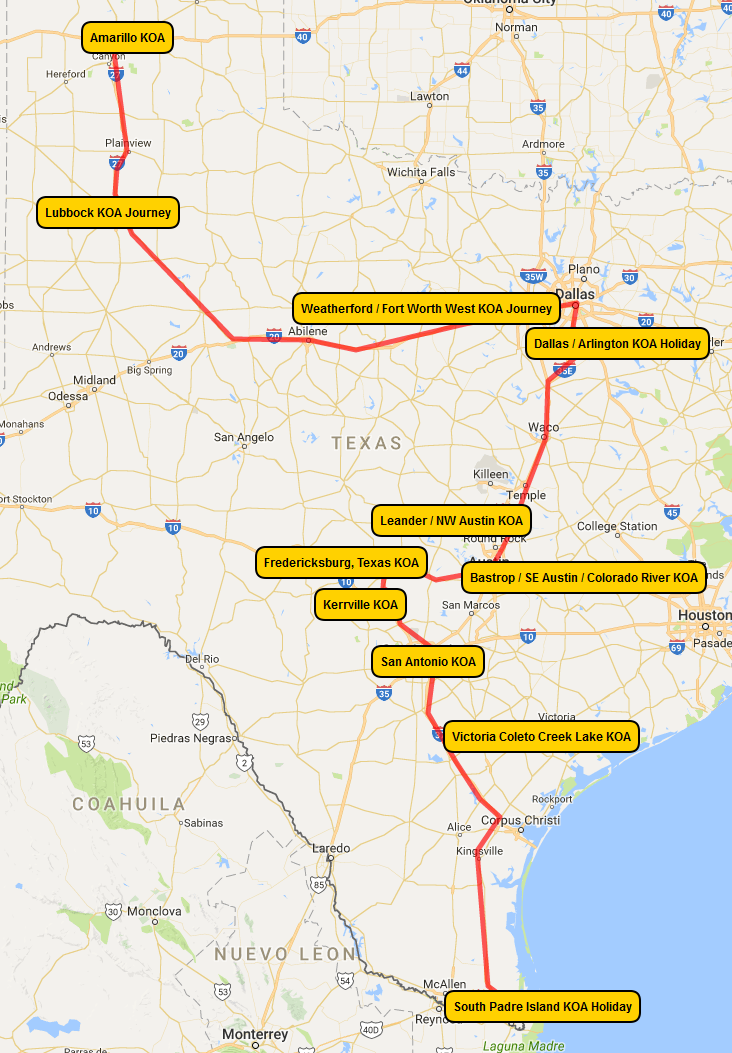 KOA Dream Vacation Texas Ten-Stop Map