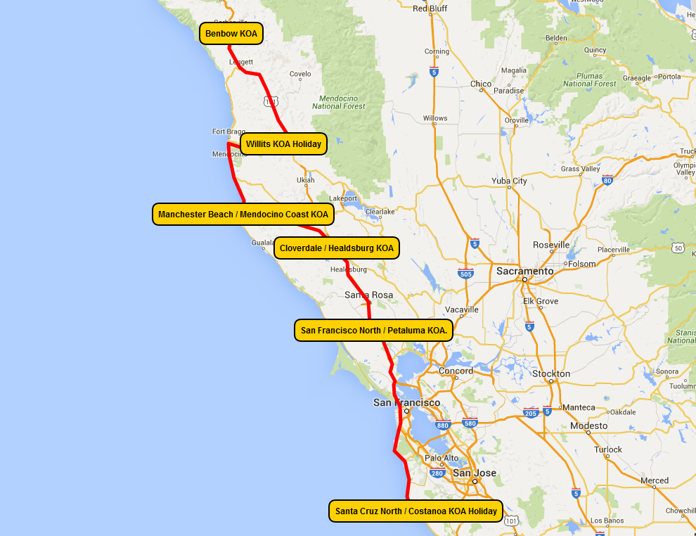 Dream Vacation: California’s Northern Coast | KOA Camping Blog Santa Cruz North / Costanoa Koa Map