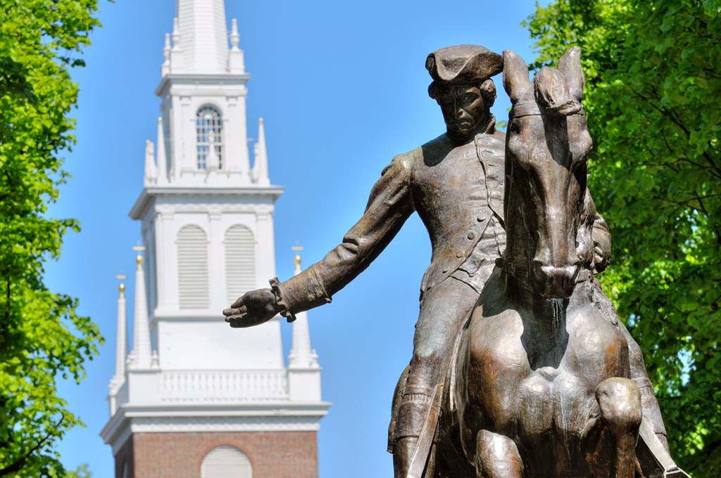 Paul Revere Statue and Old North Church in Boston Massachusetts on Freedom Trail
