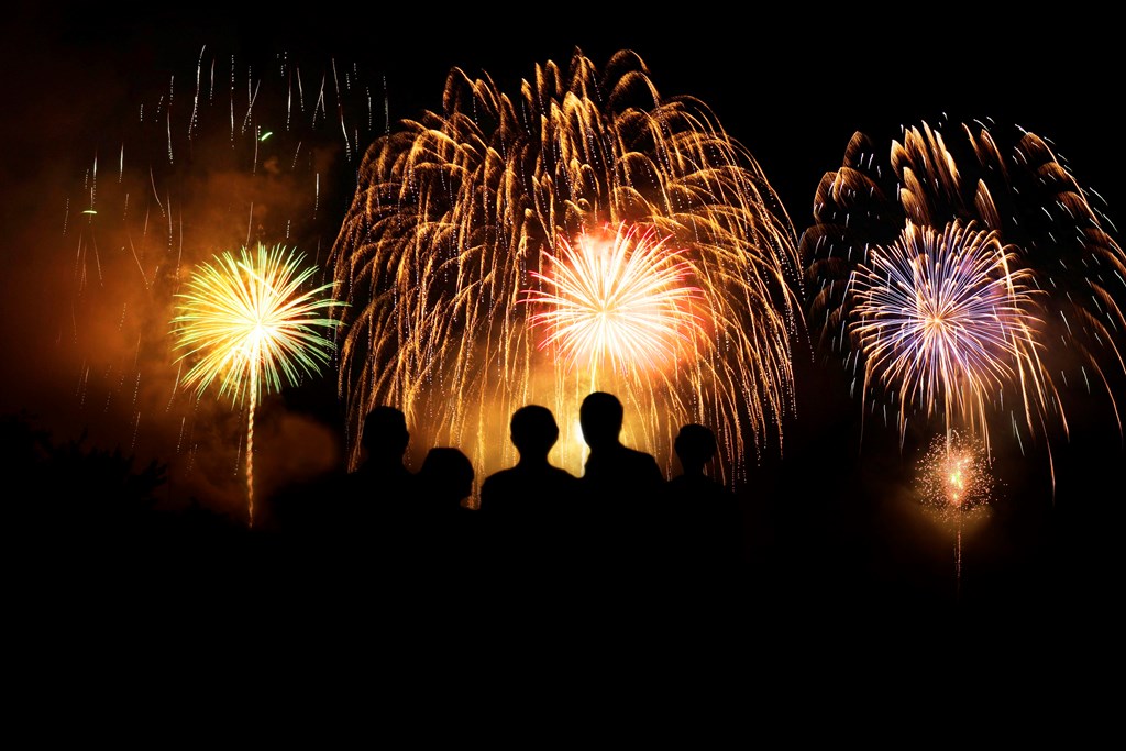 Silhouette of people watching fireworks at night