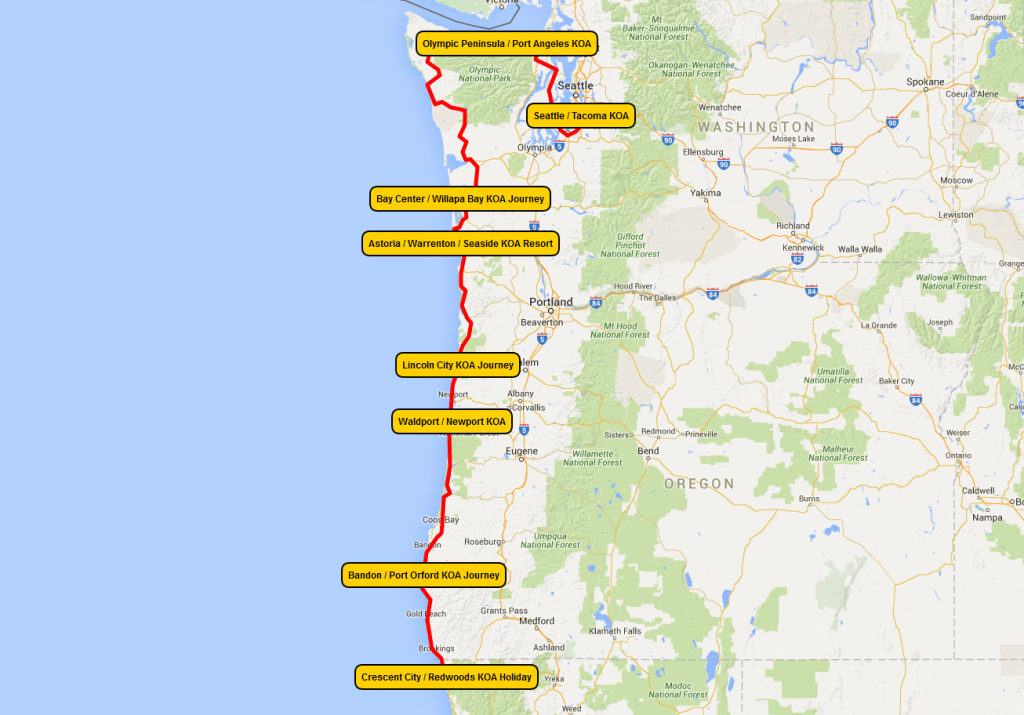 The Pacific Coast KOA Dream Trip Map