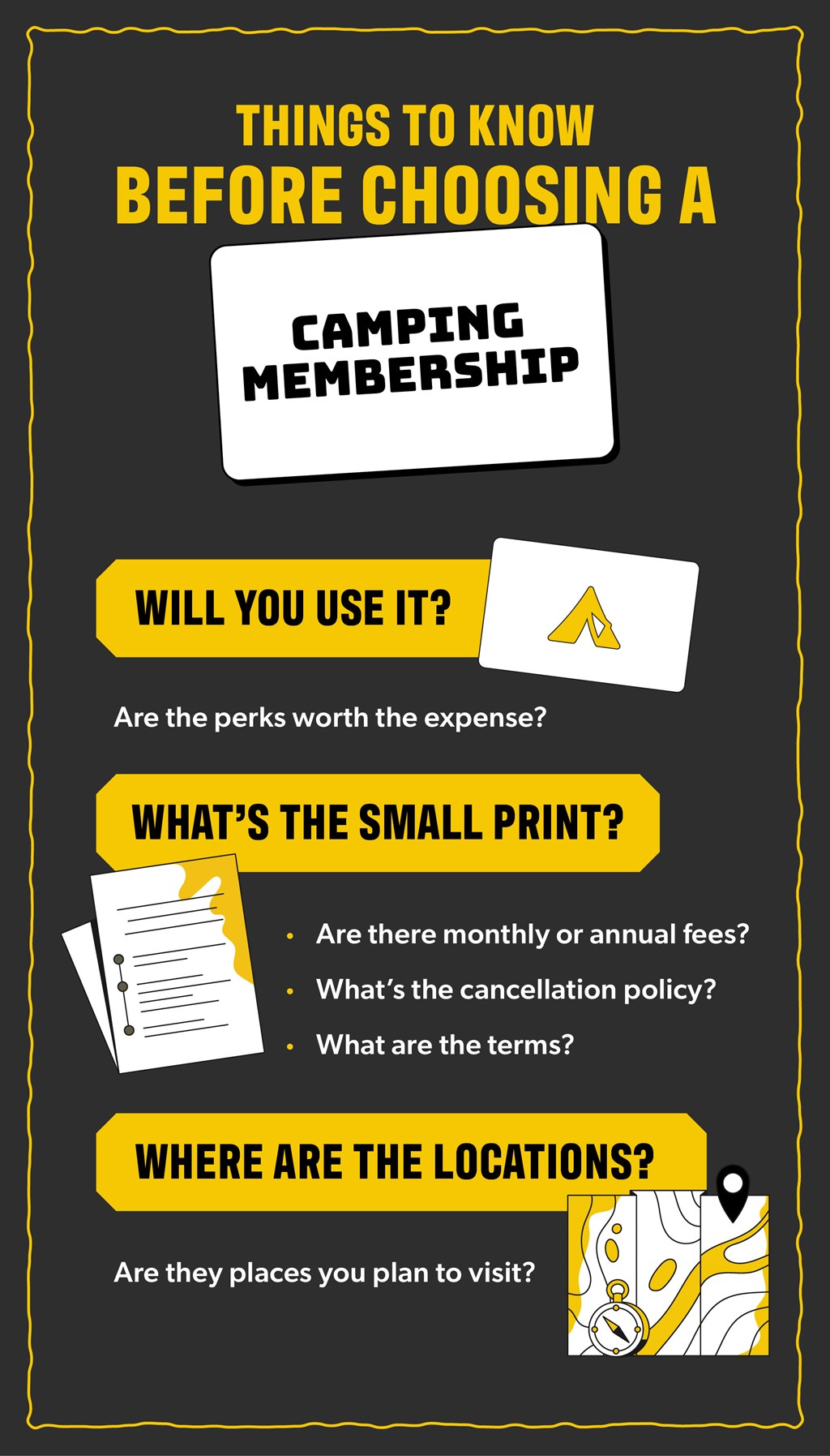 A micrographic outlining how to pick a camping membership. You should consider if you'll use it, what the fees and restrictions are, and the locations where you can utilize it.