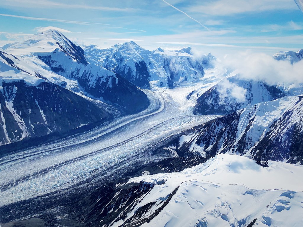 An aerial view of glaciers and an icefield of the Denali mountains