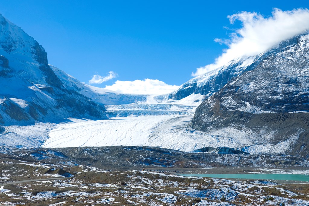 View of mountains and the icefields along the Icefield Highway in Jasper National Park, Alberta.