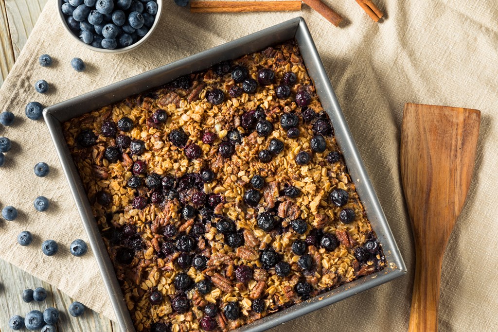 Healthy Homemade Baked Oatmeal with Blueberries and Nuts
