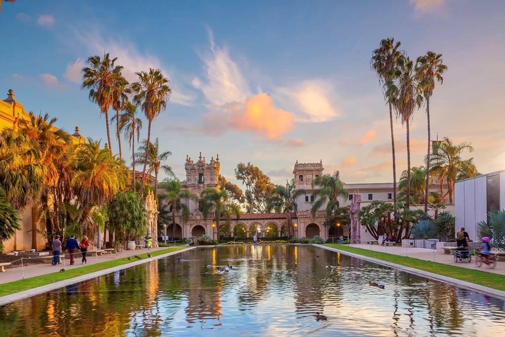 San Diego Balboa public park at sunset in California USA.