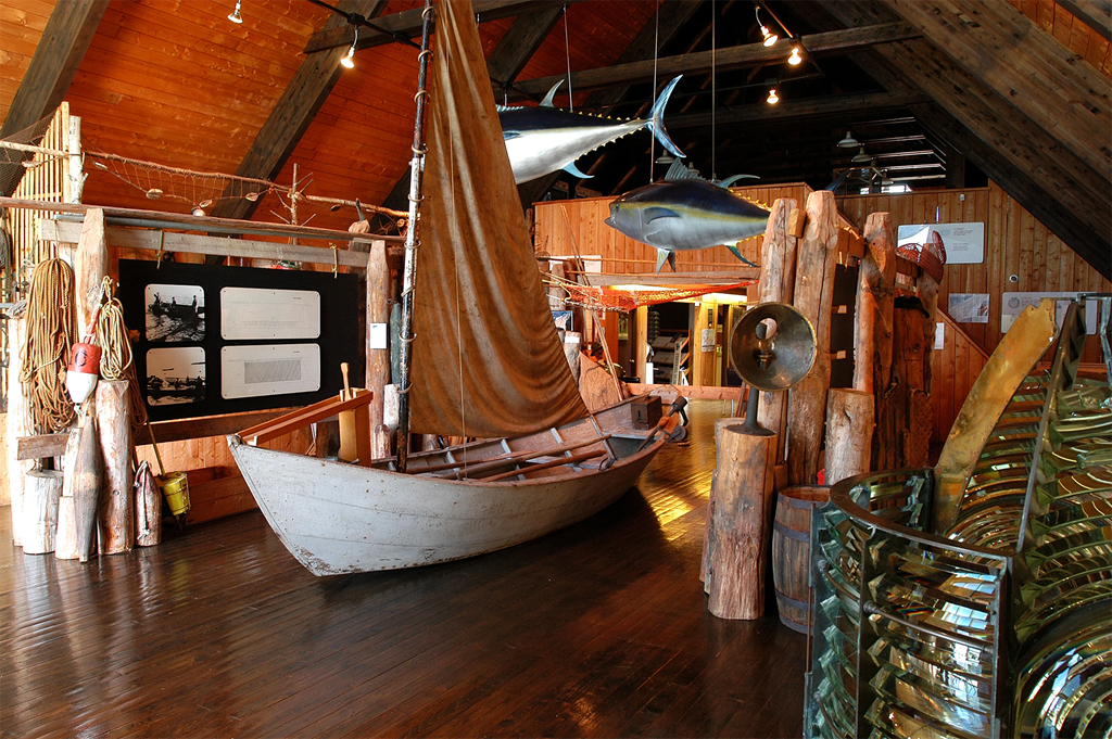A gallery centered out an old, wooden fishing vessel at the Basin Head Fisheries Museum.