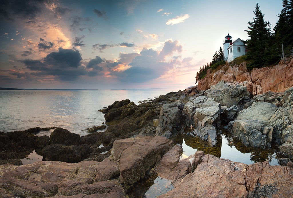 Sunset at Bass Harbor Lighthouse in Acadia National Park.