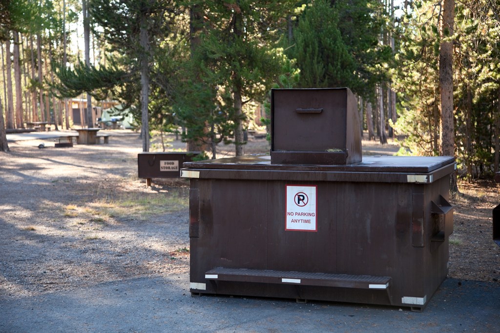 Bear proof trash bin among evergreens in Yellowstone National Park. Food box in background.