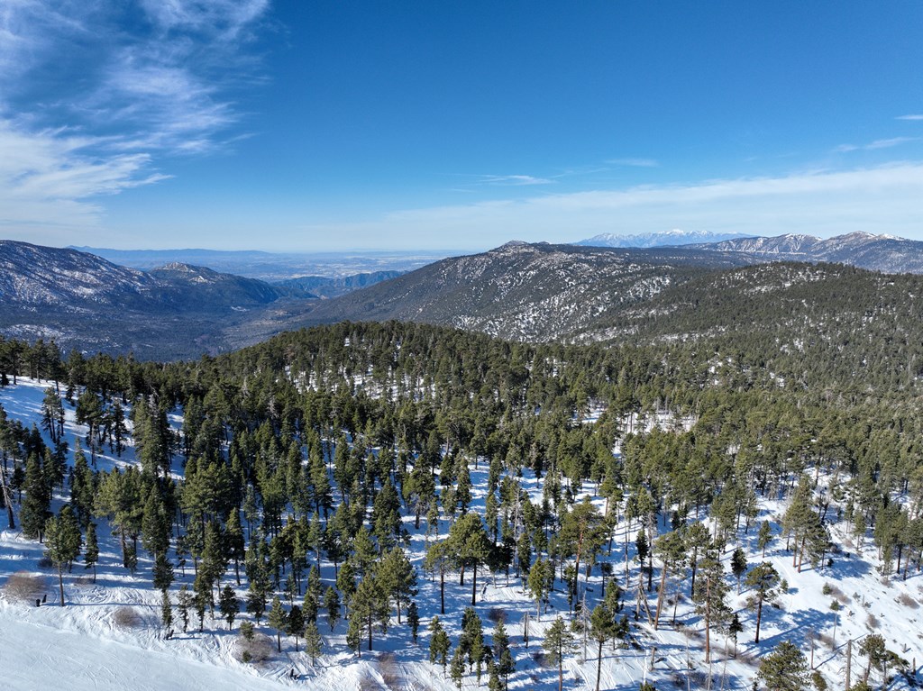 Aerial view over Big Bear Lake and San Bernardino National Forest with now, South California, USA