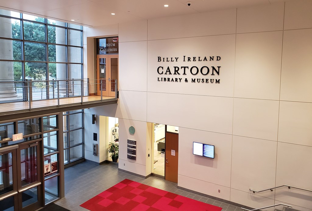 The lobby of the Billy Ireland Cartoon Library from above.