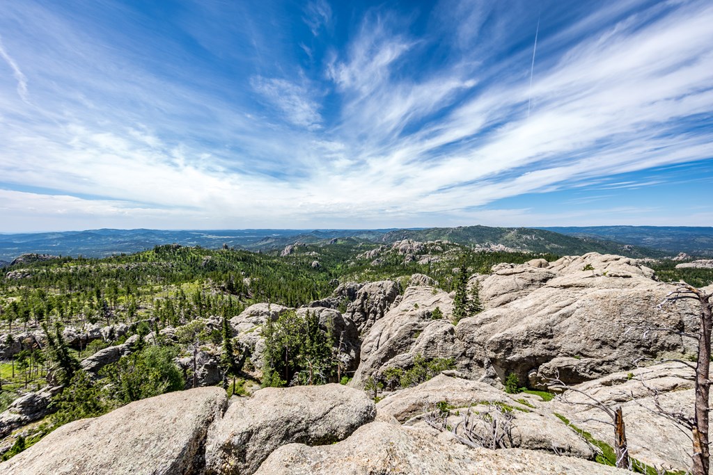 Blue sky with some clouds fill the top of the photo with rock formations up close, looking down into a valley full of trees near Custer State Park on a beautiful summer day.