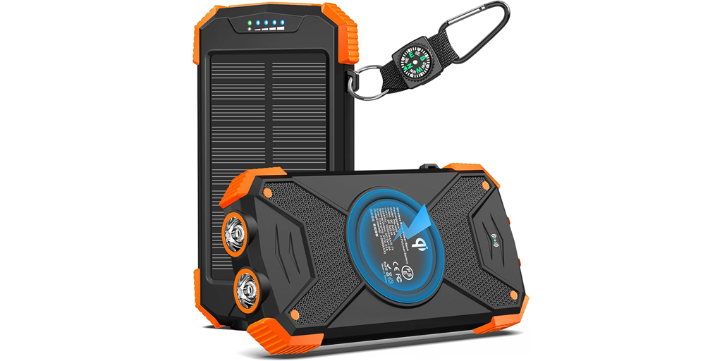 Solar charging power bank on a white background.