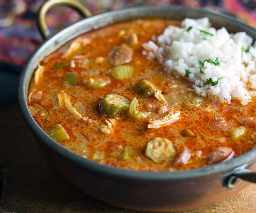 Close view of a small pot of chicken and sausage gumbo