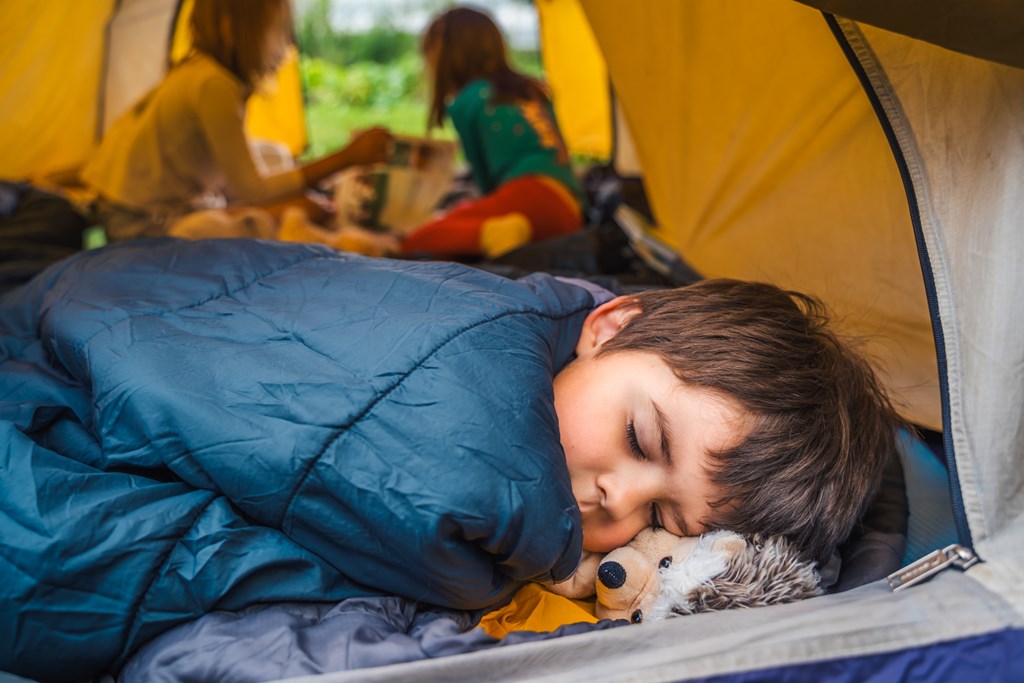A young boy is asleep in a sleeping bag in a tent.