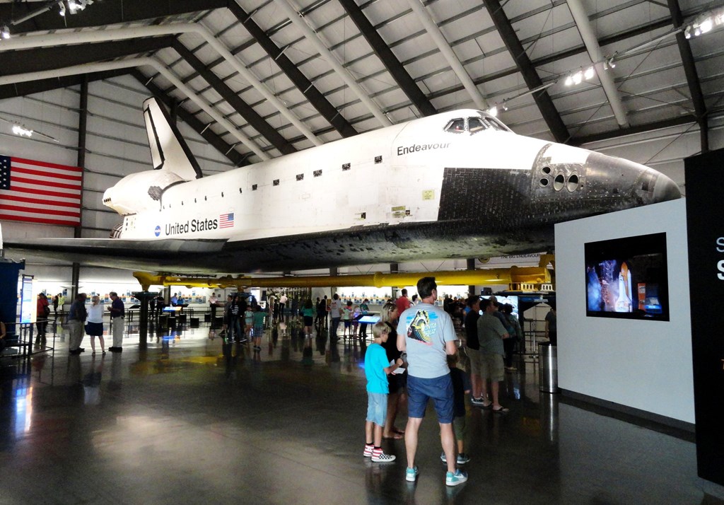A view of space ship Endeavour inside the California Science Center in Los Angeles.