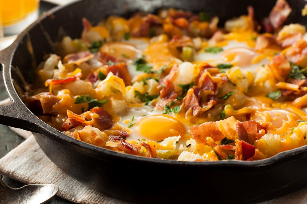 Homemade Hearty Breakfast Skillet with Eggs Potatoes and Bacon