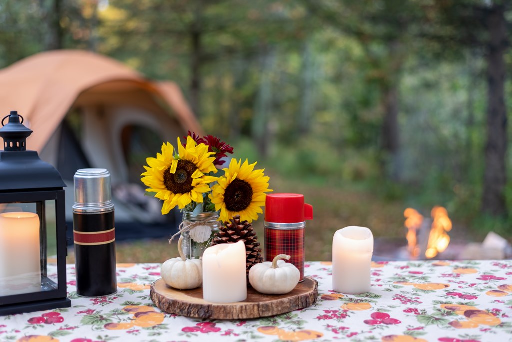 Outdoor picnic table styled for fall at a campsite.
